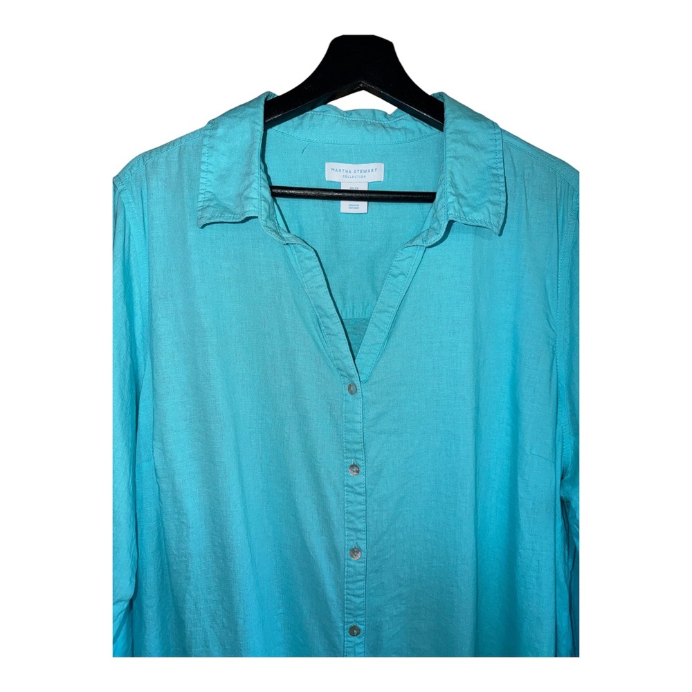 Martha Stewart Collection Turquoise Linen Blend Button Down Shirt Plus Size 2X